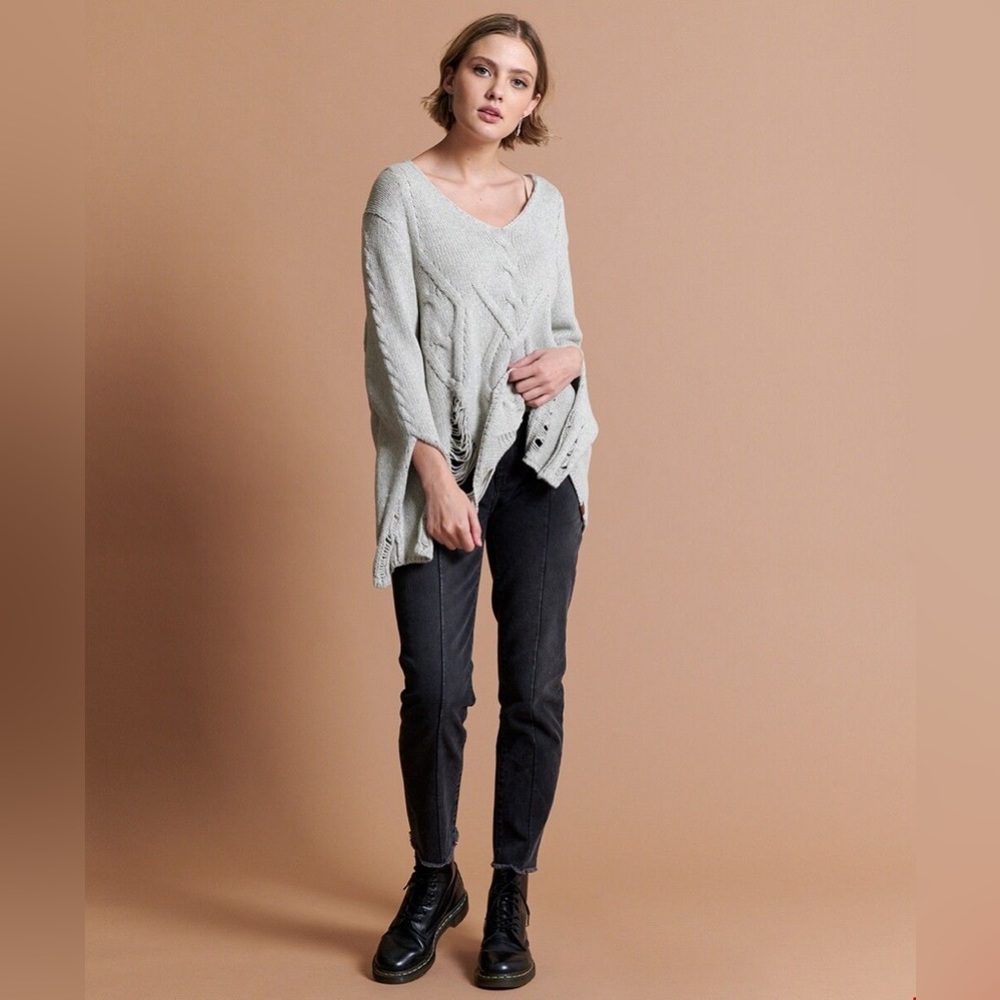 NWT One Teaspoon Nemesis Distressed Cable Knit Sweater in Grey Spirit - Large